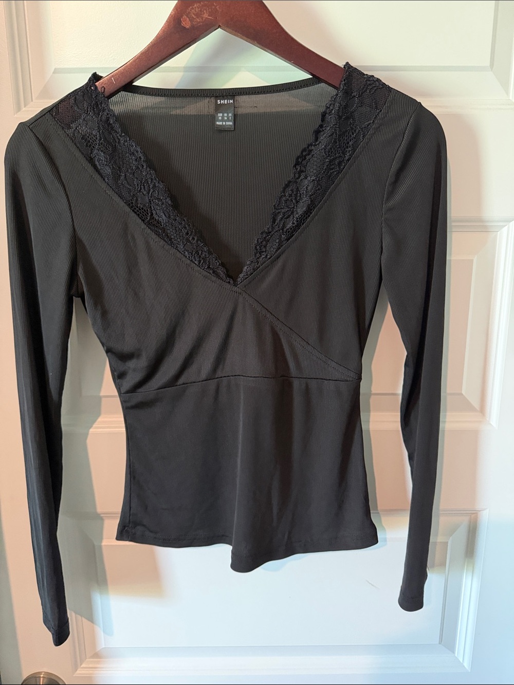 SHEIN Black Ribbed Long Sleeve V-Neck Lace Trim Top XS